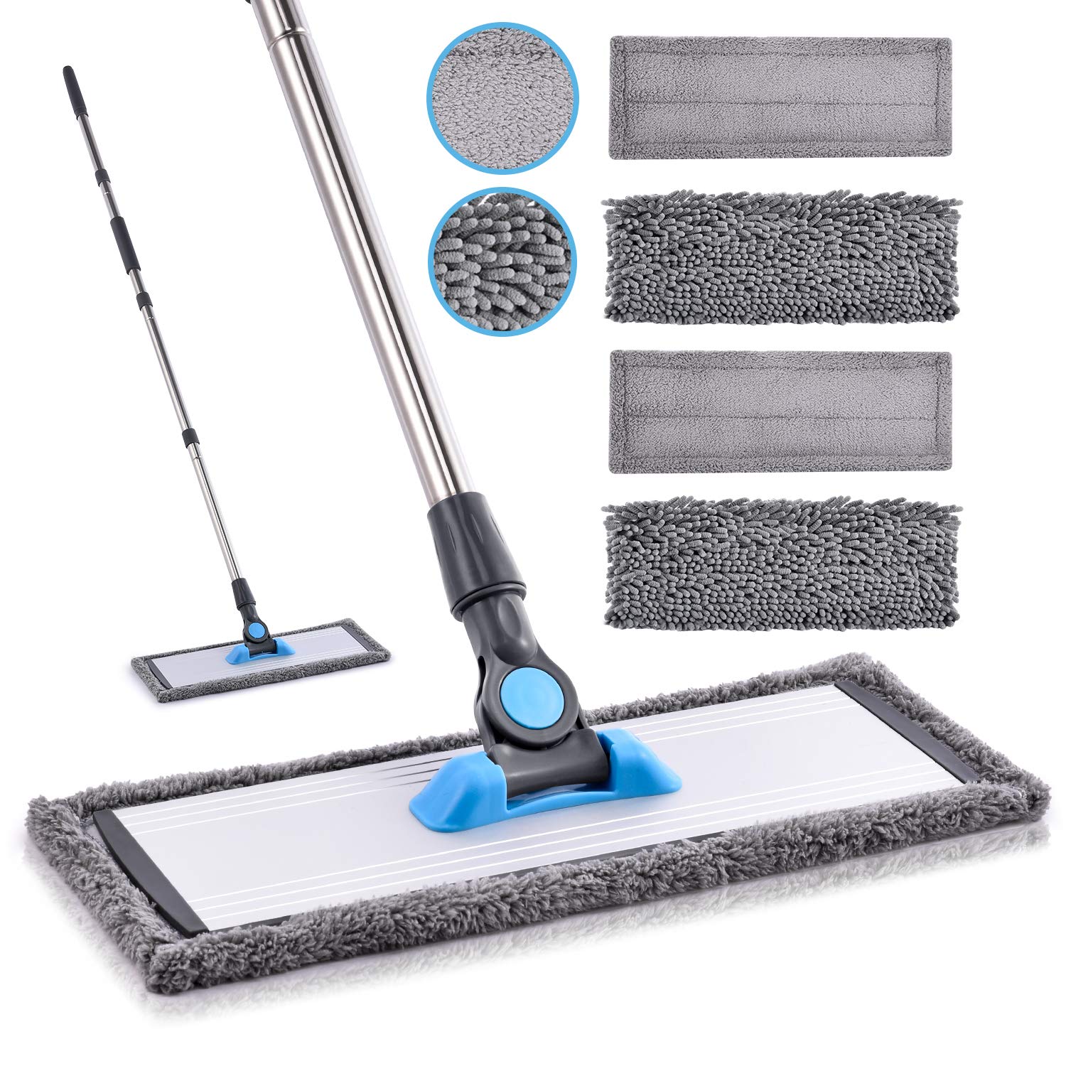 MANGOTIME Microfibre Flat Floor Mop for Home Commercial Hardwood Laminate Vinyl Ceramic Tile Wood Floor Cleaning Mop with 4 Washable Chenille & Microfibre Refill Pads and Aluminum Plate (Grey)