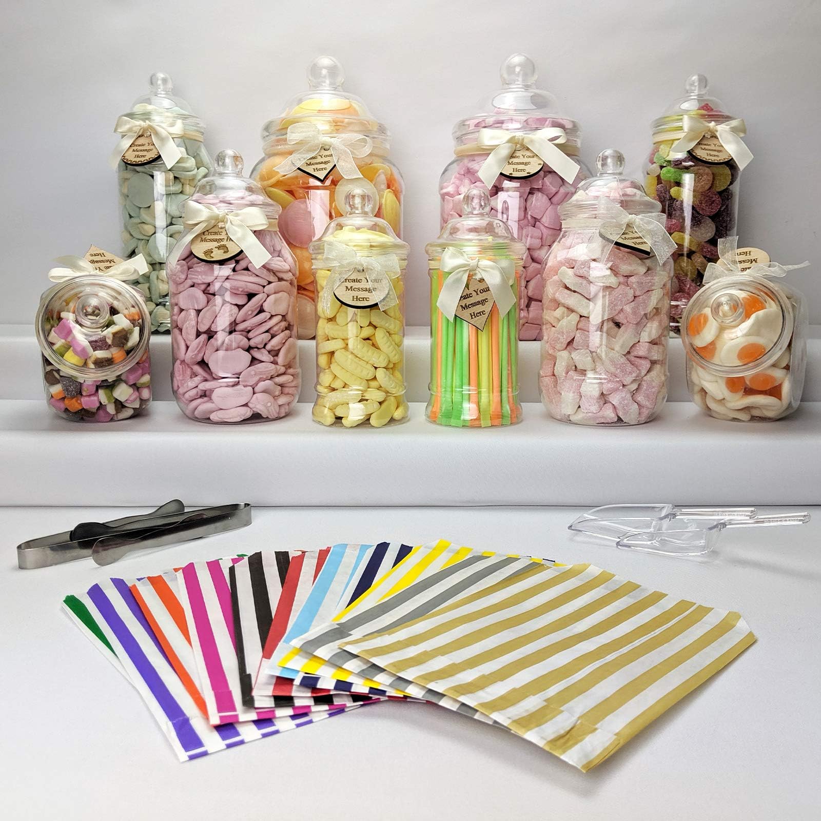 10 Filled Pick and Mix Candy Buffet Sweet Jars Display with Personalised Engraved Wooden Tags