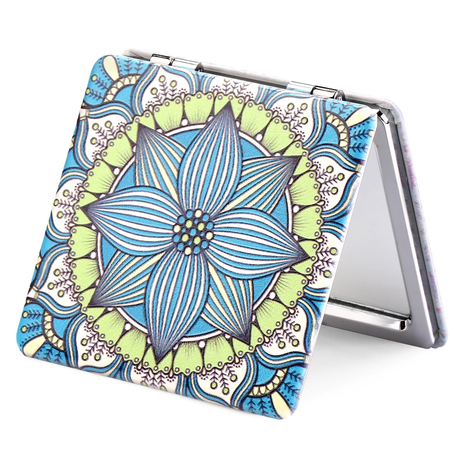 OMIRO Compact Mirror with 1x/3x Magnification, Square with PU Leather, Small Mirror for Purses, Daily Makeup (Mandala Green)