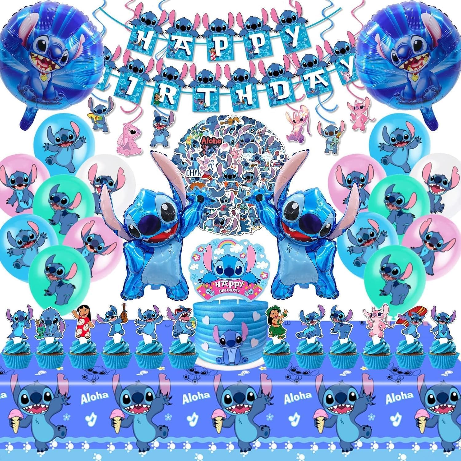 Photo 1 of 103PCS Stitch Party Supplies, Birthday Decorations Set Include Banner, Balloons, Stickers, Hanging Swirls, Cake Cupcake Toppers, Tablecloth for Boys Girls Stitch Theme Party