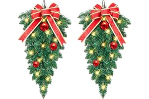 ENVEN Christmas Stair Swags Teardrop Swag Wreath Stair Swag Garlands,Christmas Swag Wreaths for Front Door Holiday Wall Window Hanging Ornaments Indoor Outdoor Home Decor (Green&Red)