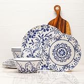bzyoo Melamine Dinnerware12 Piece Outdoor Indoor Set, Blue Indigo Floral | Service for 4: dinner plates, salad plates and bowls. Lightweight, BPA-free, dishwasher safe Party BBQ