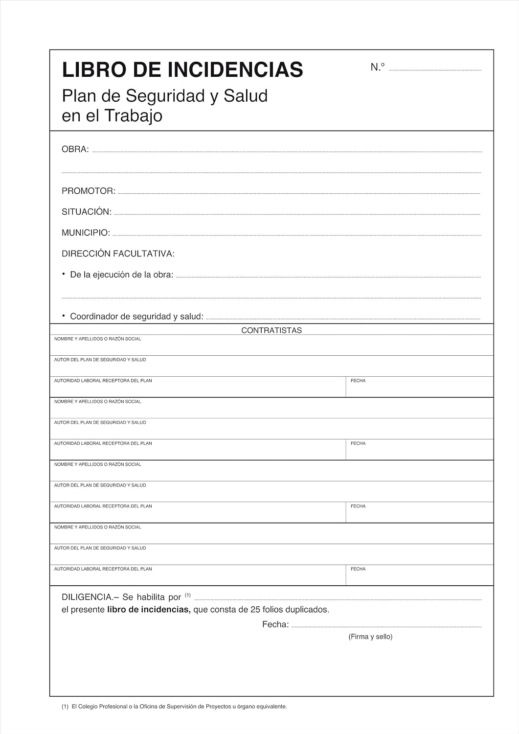 LIBRO DE INCIDENCIAS Tama o DIN A4 Plan De Seguridad Y Salud En El 