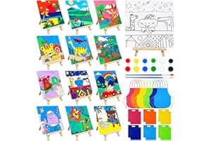SYTUHETE 48PCS 12 Sets Printed Canvas Paint Art 12 Pcs Wooden Easel Set Paint Pots and Brushes and 12 Pre Drawn Canvas Panel 12 Pcs Mini Apron and Tote Bag for Kids(Classic)
