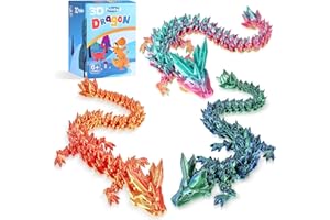 TXB3DOK 3pcs 12in 3D Printed Crystal Dragon,3D Printed Flexible Articulated Dragon,Home Office Decor Executive Desk Toys, Fidget Toys for Autism/ADHD (Rainbow Red Gold Green)