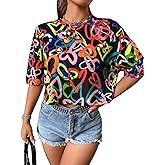 Floerns Women's Casual Reflective Short Sleeve Round Neck Crop Tops T Shirts