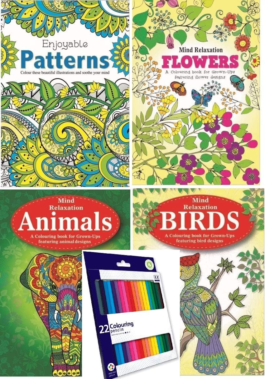Martello Set of 4 Anti-Stress Adults Relaxing Art Therapy Colouring Book with 48 Designs per Book - Also Includes 22 Pack of Premium Colouring Pencils