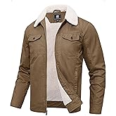 MoFiz Men's Sherpa Lined Cotton Cargo Jacket Turn-down Collar Work Jacket for Men Zip Up Mens Winter Coat with Multi Pockets