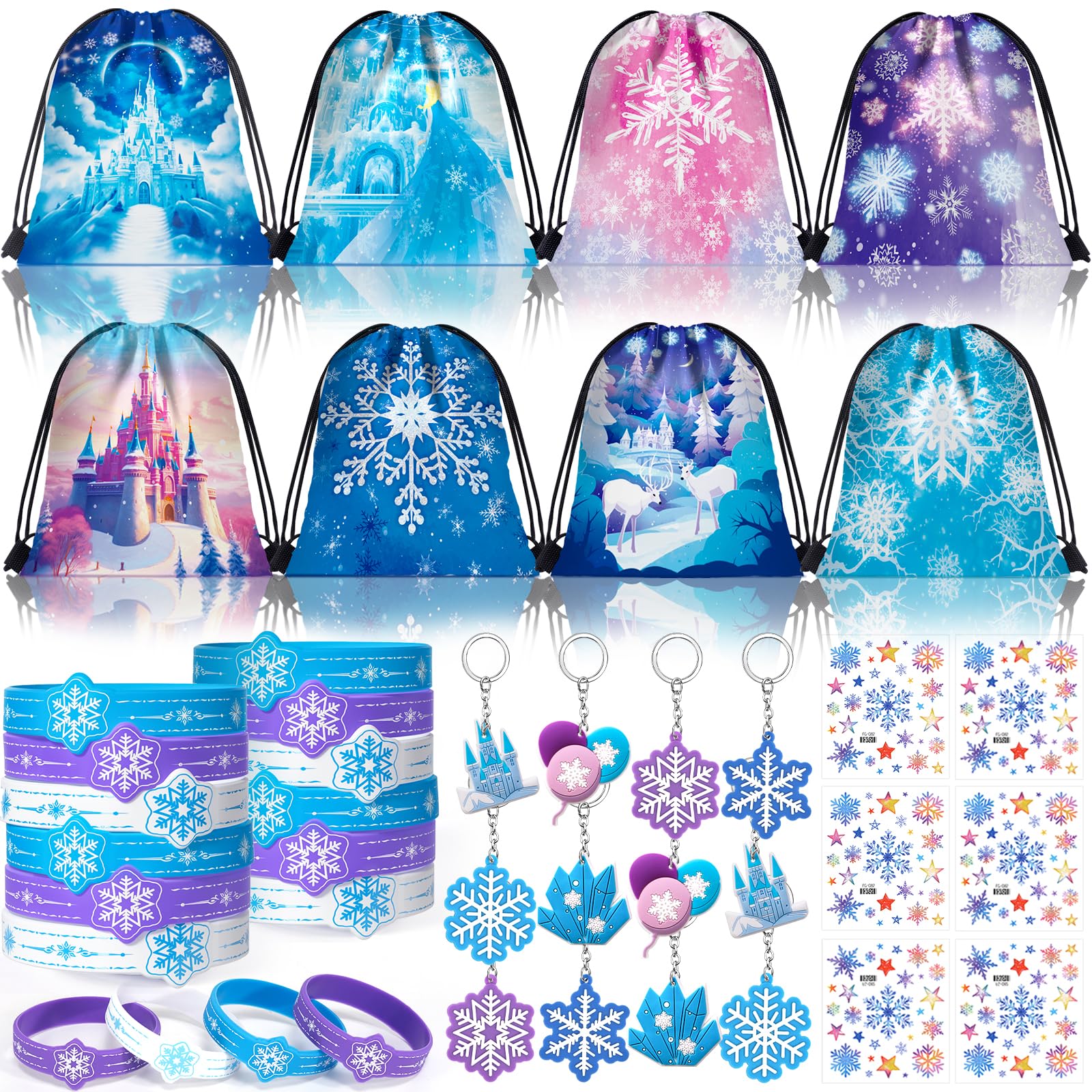 SNLN 48Pcs Snowflake Party Favors Birthday Supplies Girls Drawstring Bags Silicone Bracelets Keychain Tattoo Sticker Snow Goodie Bag Stuffer Filler Winter Wonderland Birthday Party Favors Supplies