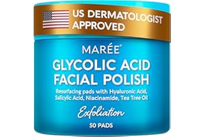 MAREE Glycolic Acid Pads - Toner Pads for Face Cleansing - Exfoliating Pad with Tea Tree Oil, Salicylic Acid & Vitamins E, B3, B5 - Acne Clearing, Skin Pore Resurfacing & Radiance Device - 50 Count