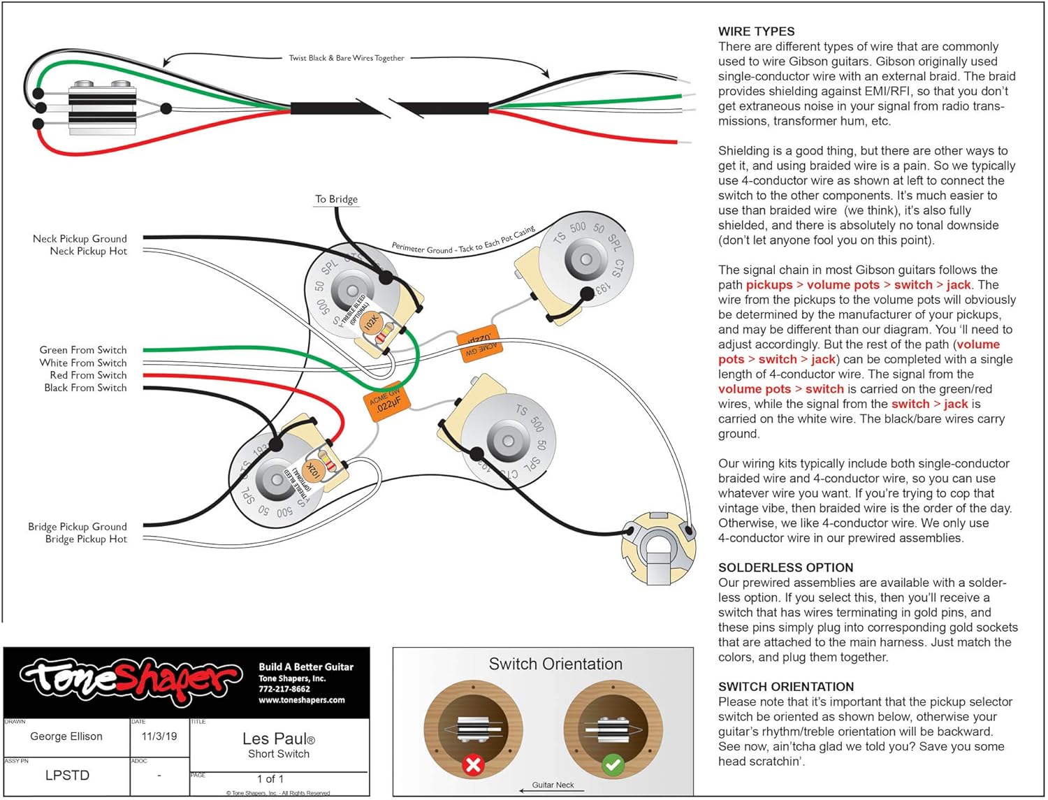 ToneShaper Guitar Wiring Kit, for Les Paul Standard (Modern Wiring), Orange - Image 4