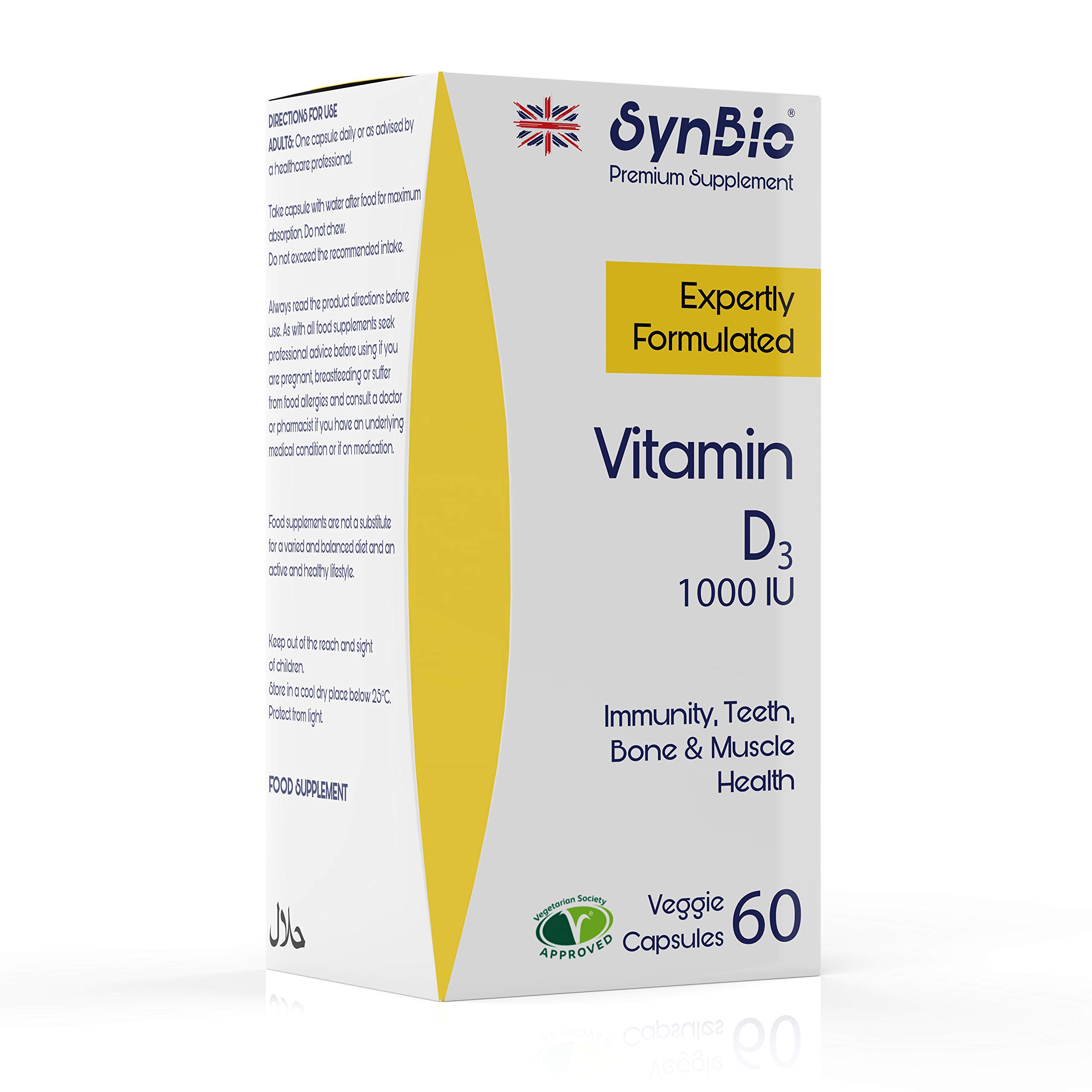 SynBio Premium - Vitamin D 1000 IU Capsules | Vegetarian Society Approved - SOYA Free - Dairy Free - Peanut/Nut Free - Kosher - Halal - Gelatin Free - Gluten Free