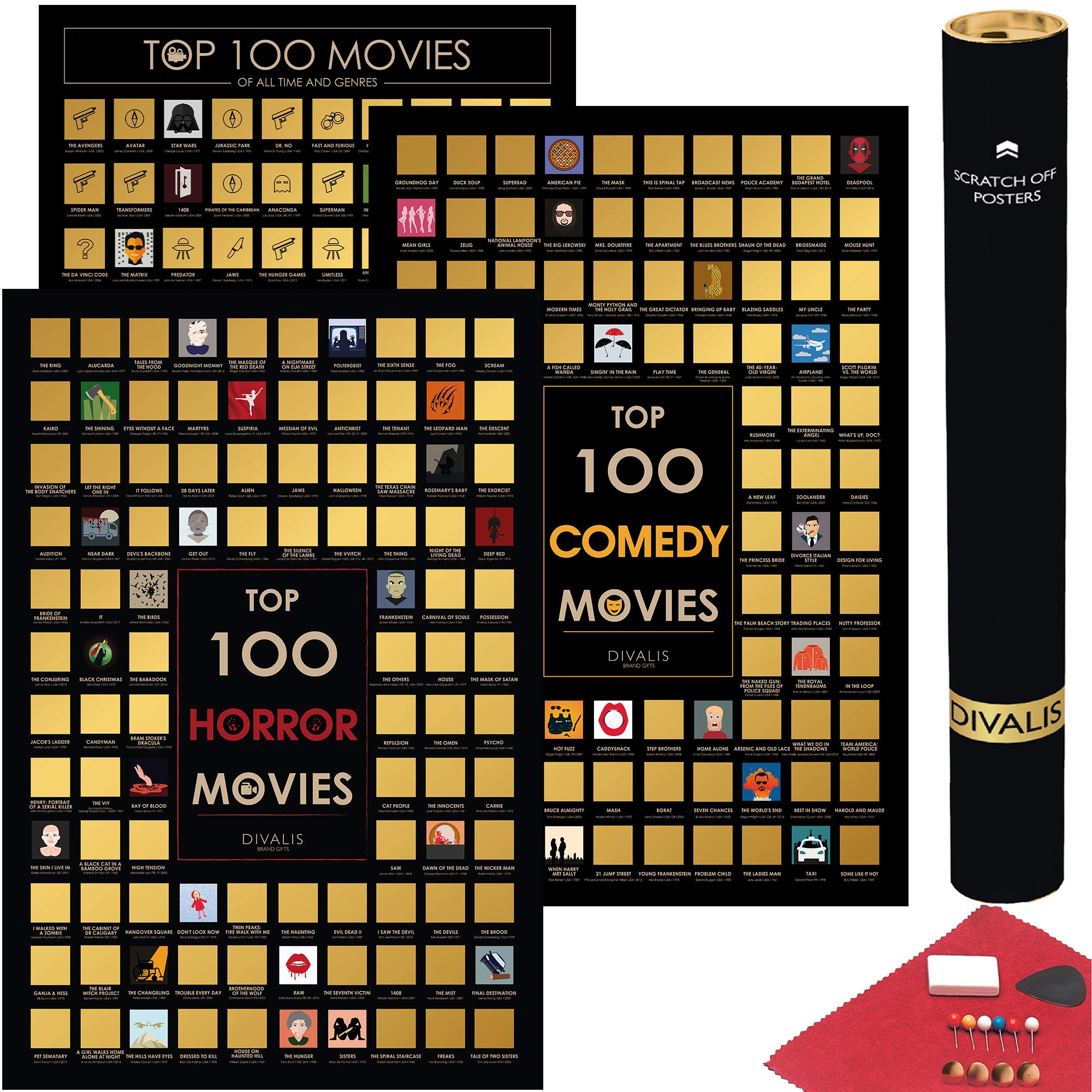 3 in 1 Gift Set - Top 100 Scratch off Movies, Horrors, Comedy Posters Bundle - Best Movies to Watch - Essential Cinema Checklist - Films of All Time Bucketlist - Ultimate Movies Scratchable Poster