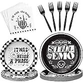 125 Pcs Emo Goth Punk Party Tableware for 25 Guests Scene Goth Rock Birthday Decorations | Punk Skull Thorn Disposable Plates Napkins Forks, Emo Gothic Supplies for Halloween Blink 182 Theme Party
