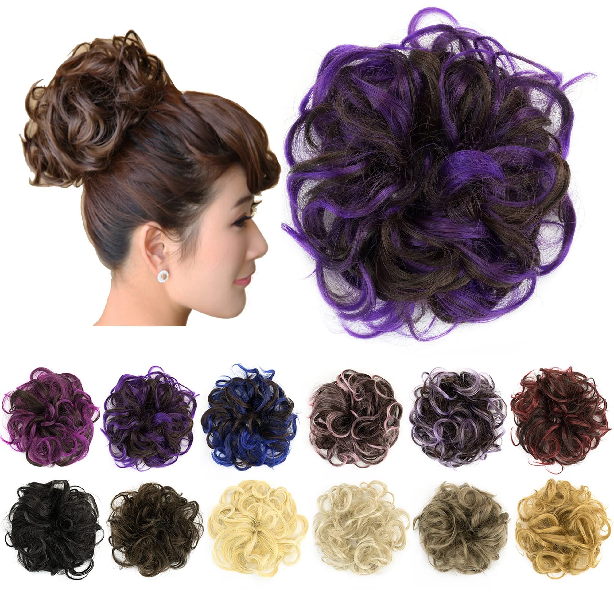 IMISSU 2PCS Messy Bun Hair Piece Updo Fake Scrunchies Ponytail Extension Wavy Curly Hairpieces Chignon Headband for Women (2PCS Brown Violet)