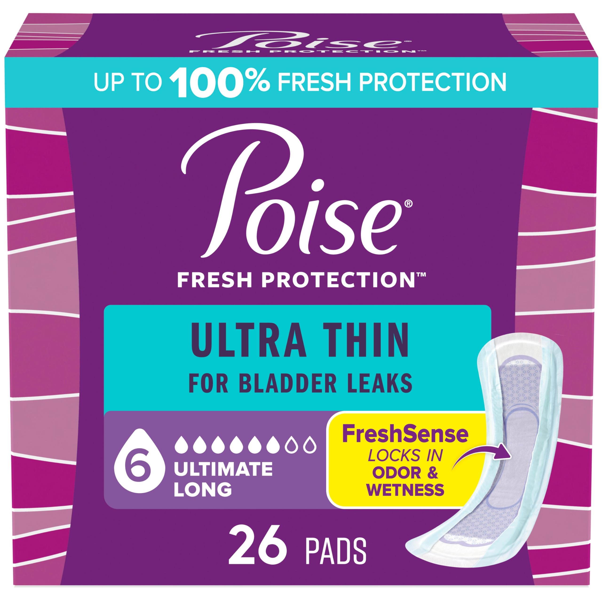 Photo 1 of Poise Ultra Thin Incontinence Pads & Postpartum Pads for Bladder Leaks, 6 Drop Ultimate Absorbency, Long Length, 26 Count, Packaging May Vary