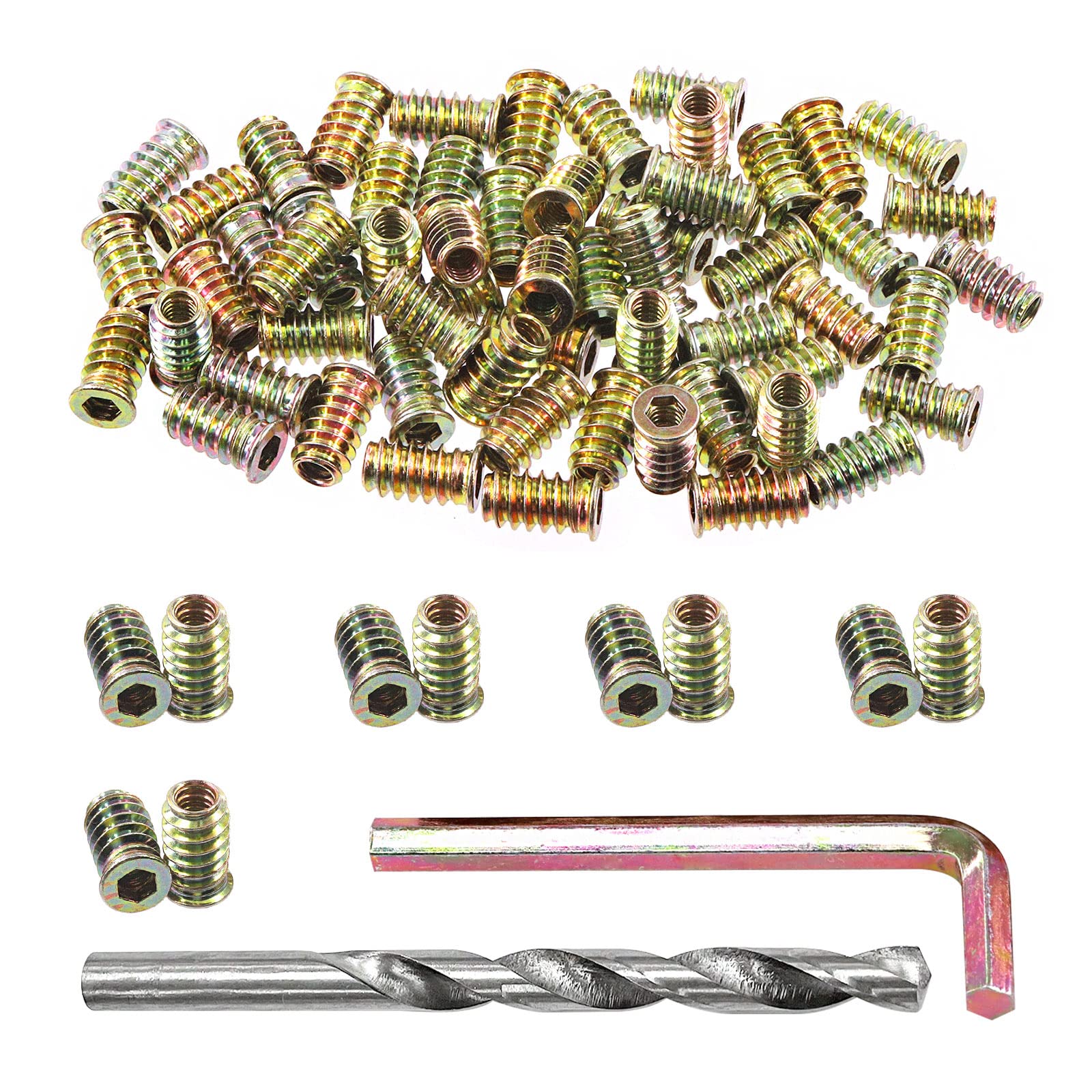 Swpeet 60Pcs 1/4" - 20 x 20mm Carbon Steel Color Zinc Plated Wood Inserts and 11mm Twist Drill with 1Pcs Wrench Assortment Kit, Bolt Furniture Screw in Nut Threaded Fastener Connector Hex Socket Drive