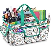 FINPAC Craft Storage Tote Bag with Multiple Pockets, Scrapbooking Carrying Case Storage Caddy with Handle for Sewing, Art, Desktop, Baby Care Supplies (Spring Bloom)