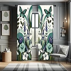Ambesonne Teal Window Curtains, Curving Leaves and