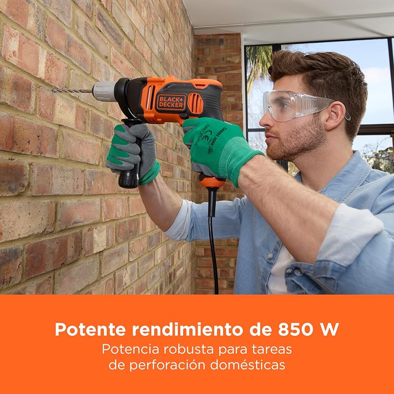 Taladro percutor de 1 marcha 850W, velocidad variable, bloqueo del eje, compacto y ligero, incluye 6 brocas y caja de herramientas, BEH850K-QS