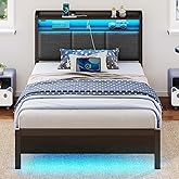 Rolanstar Bed Frame Twin Size with Charging Station and LED Lights, Upholstered Headboard with Storage Shelves, Heavy Duty Metal Slats, No Box Spring Need, Noise Free, Easy Assembly, Dark Grey