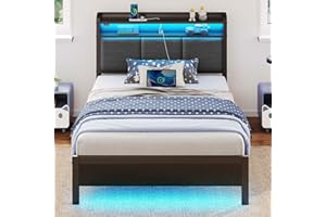 Rolanstar Bed Frame Twin Size with Charging Station and LED Lights, Upholstered Headboard with Storage Shelves, Heavy Duty Metal Slats, No Box Spring Need, Noise Free, Easy Assembly, Dark Grey