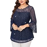 ZOMVA Women's Plus Size Ruffle 3/4 Sleeve Blouses Casual Elegant Dressy Crew Neck Double Layers Sparkly Mesh Tunic Tops