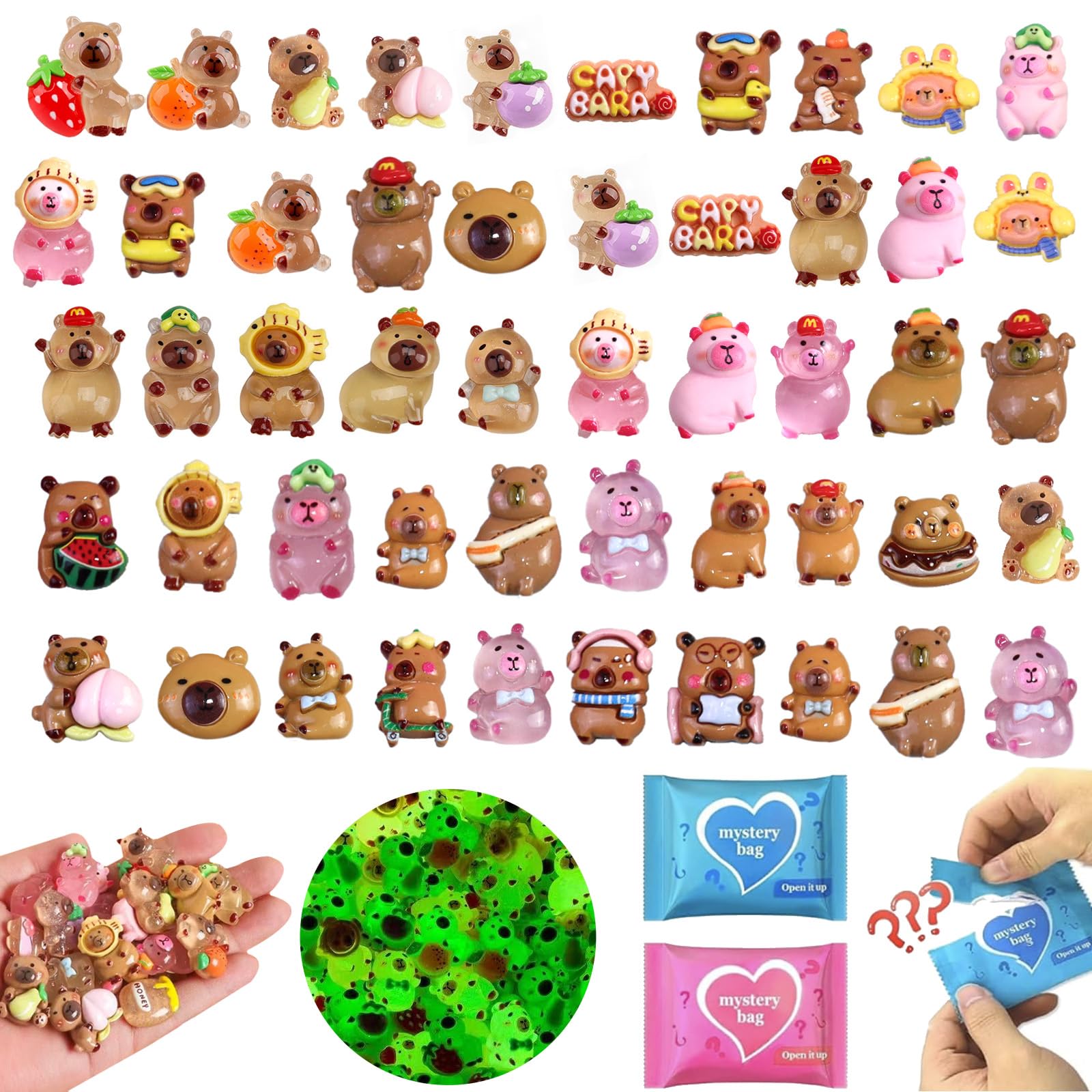 Photo 1 of 100 Pcs Mini Capybara Blind Bags: Glow and Matte Resin Capybara Figures Bulk Mystery Bag, Mini Figurines for Fairy Garden, Resin Craft, Home Décor, Collectible Gifts Holiday Surprises