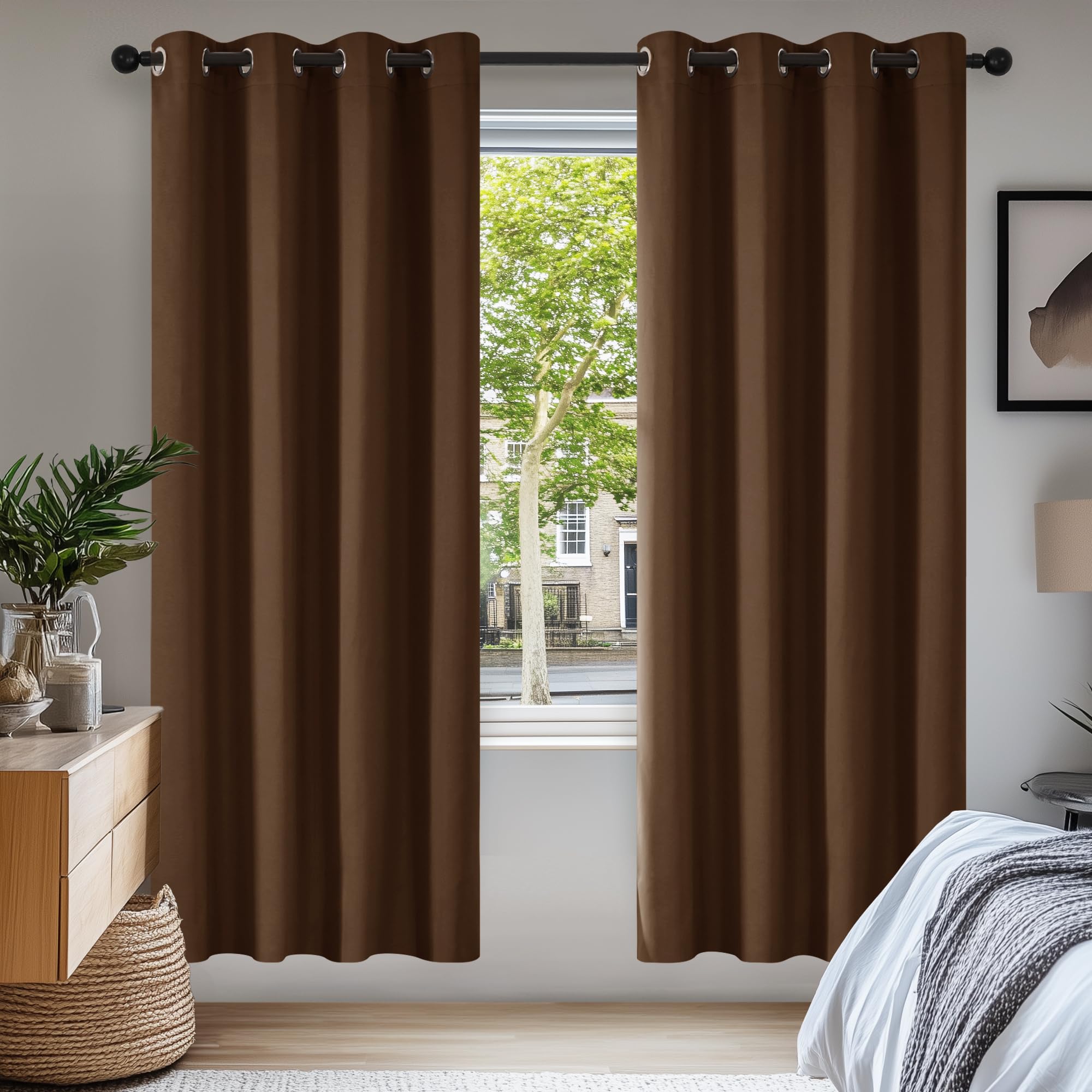Deconovo Functional Thermal Insulated Curtains Blackout Curtains Eyelet Curtains for Living Room Brown W52 x L72 Inch One Pair