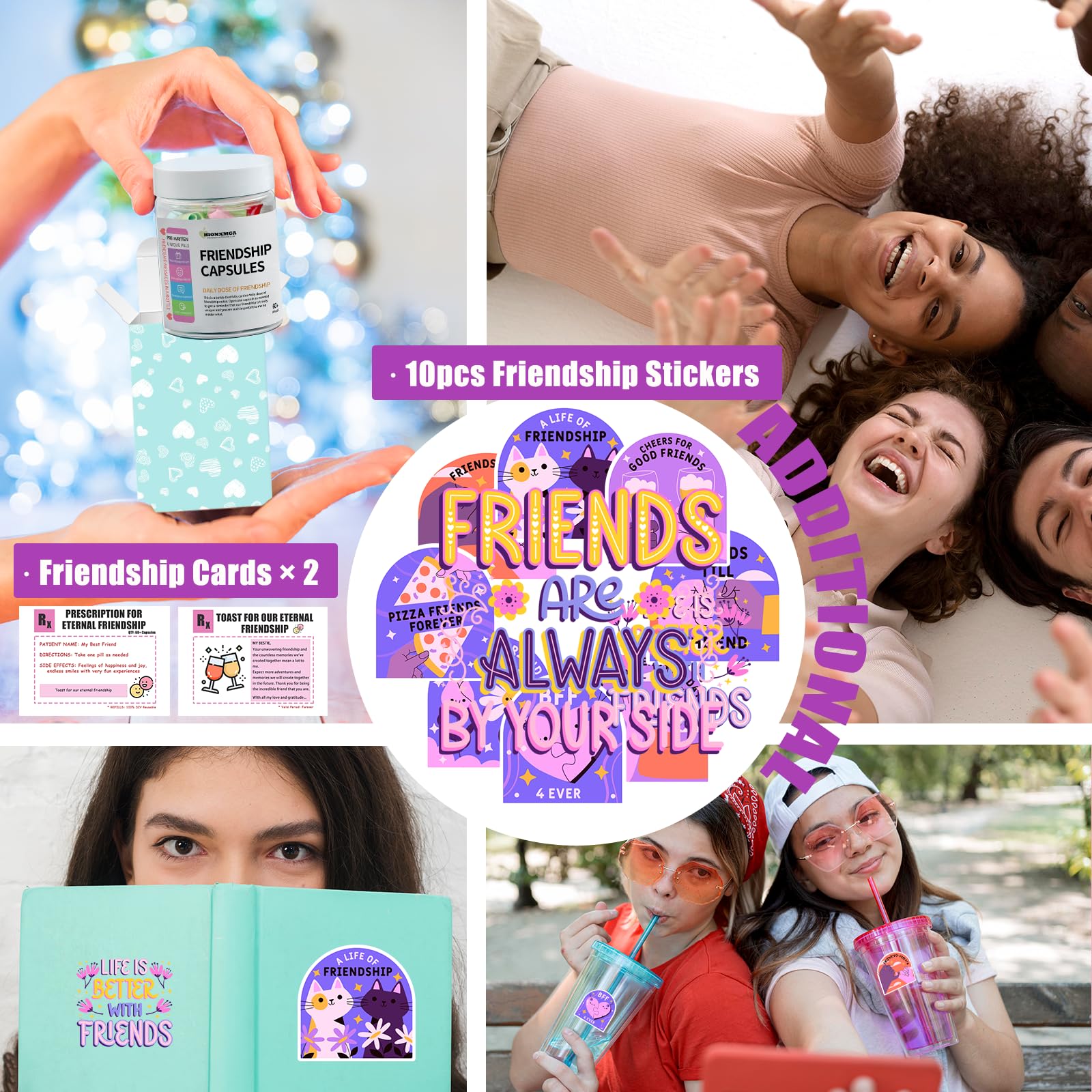 HIONXMGA 60PCS Pre-Written Friendship Messages in a Bottle, Cute Capsule Notes for Long Distance BFF Moving Away Gifts, Unique Bestfriend Birthday Gifts for Women Sister Bestie