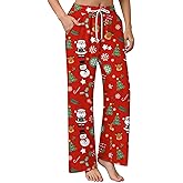 Christmas Pajamas Bottoms for Women Santa Claus Snowman Print Wide Leg Pj Pants with Pockets Lounge Sleepwear
