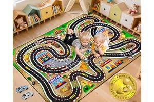AlphabetAcre Kids Rug, Race Track Baby Play Mats, 4x6 Ft Kids Rug for Playroom,Extra Thick (0.4in) Realistic 3D Cascading Surround Route, Great for Playing with Cars and Toys, Non-Slip Car Carpet