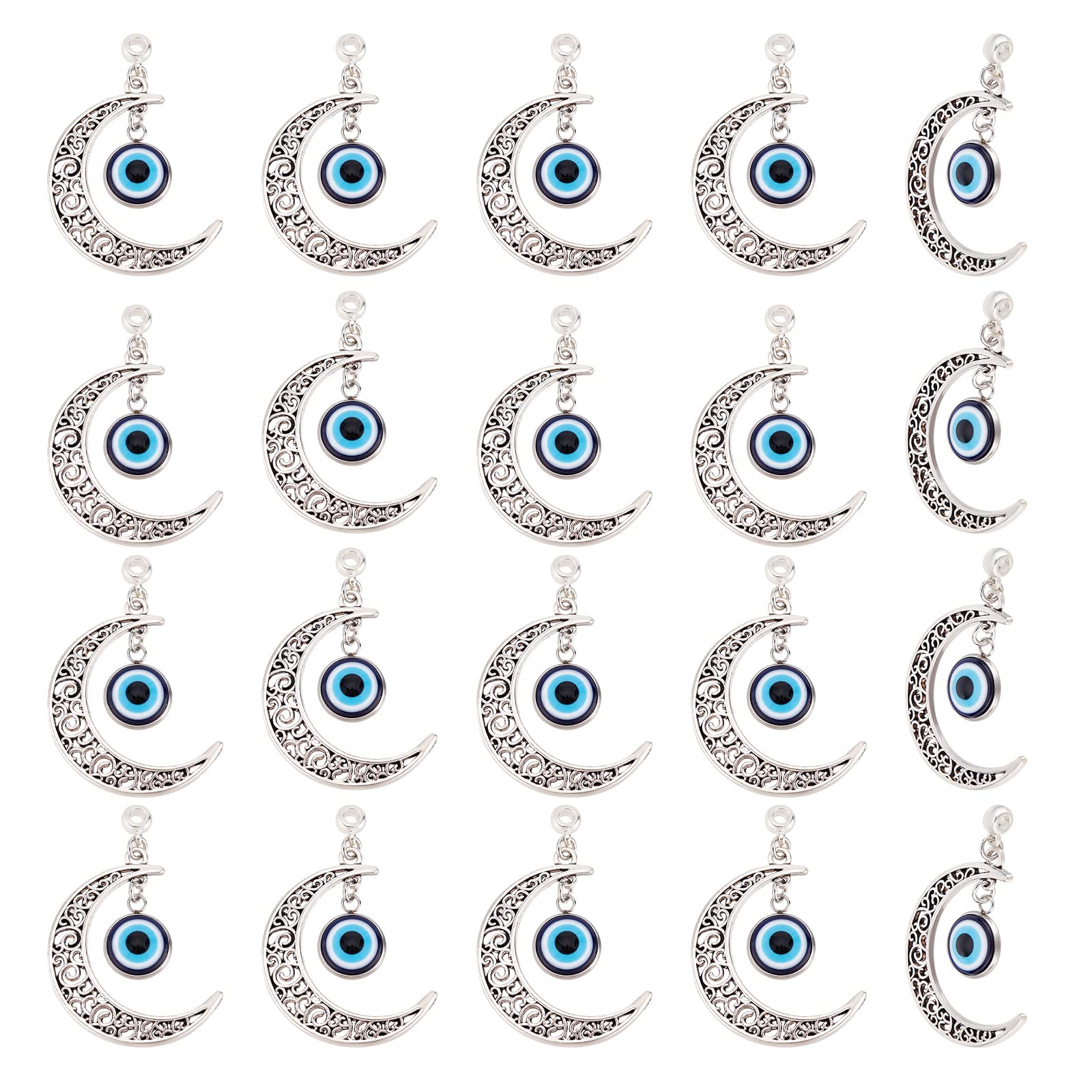 NBEADS 20 Pcs Evil Eye Crescent Moon Pendant, Tibetan Style Alloy Pendants Hollowed Moon Charms Pendant for Necklace Bracelet Jewelry DIY Craft Making