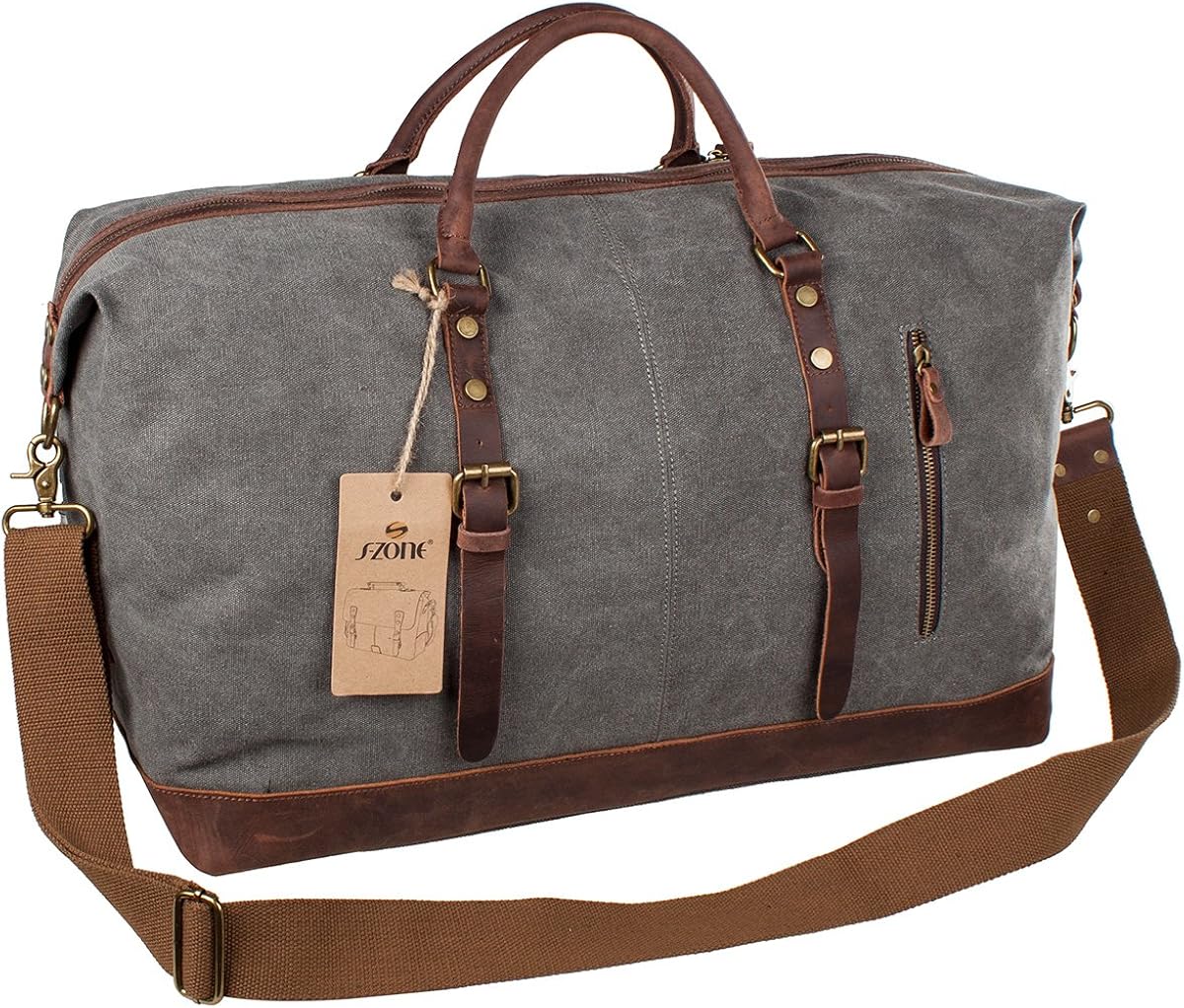  | S-ZONE Oversized Leather Canvas Duffel Shoulder Weekender Mens Overnight Bag | Sports Duffels