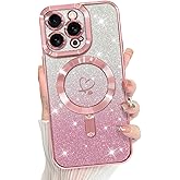 Bonoma Compatible with iPhone 13 Pro Max Case Support for MagSafe, Plating Heart Glitter Magnetic Case 2* Screen Protector TPU Camera Protection Back Cover for Girls Women -Pink