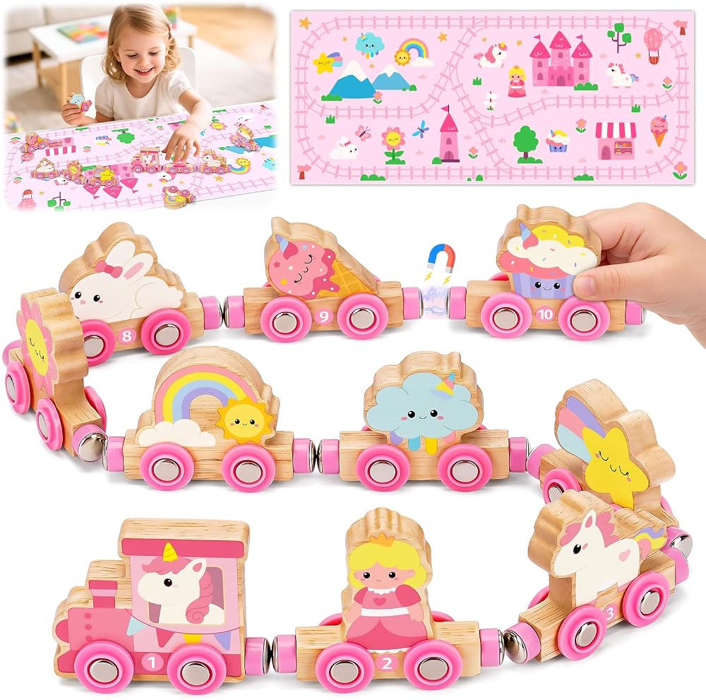 Nadolig Magnetic Wooden Train Set Unicorn Castle Toddler Toys 1-4 Years