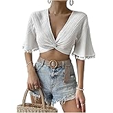 RoseSeek Women's Twist Front Deep V Neck Cropped Blouses Pom Pom Trim Ruffle Short Sleeve Dressy Crop Top
