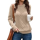 VIISHOW Women's Long Sleeve Cable Knit Pullover Sweater Cream Sweater Crew Neck Casual Fall Winter Chunky Knit Pullover Tops