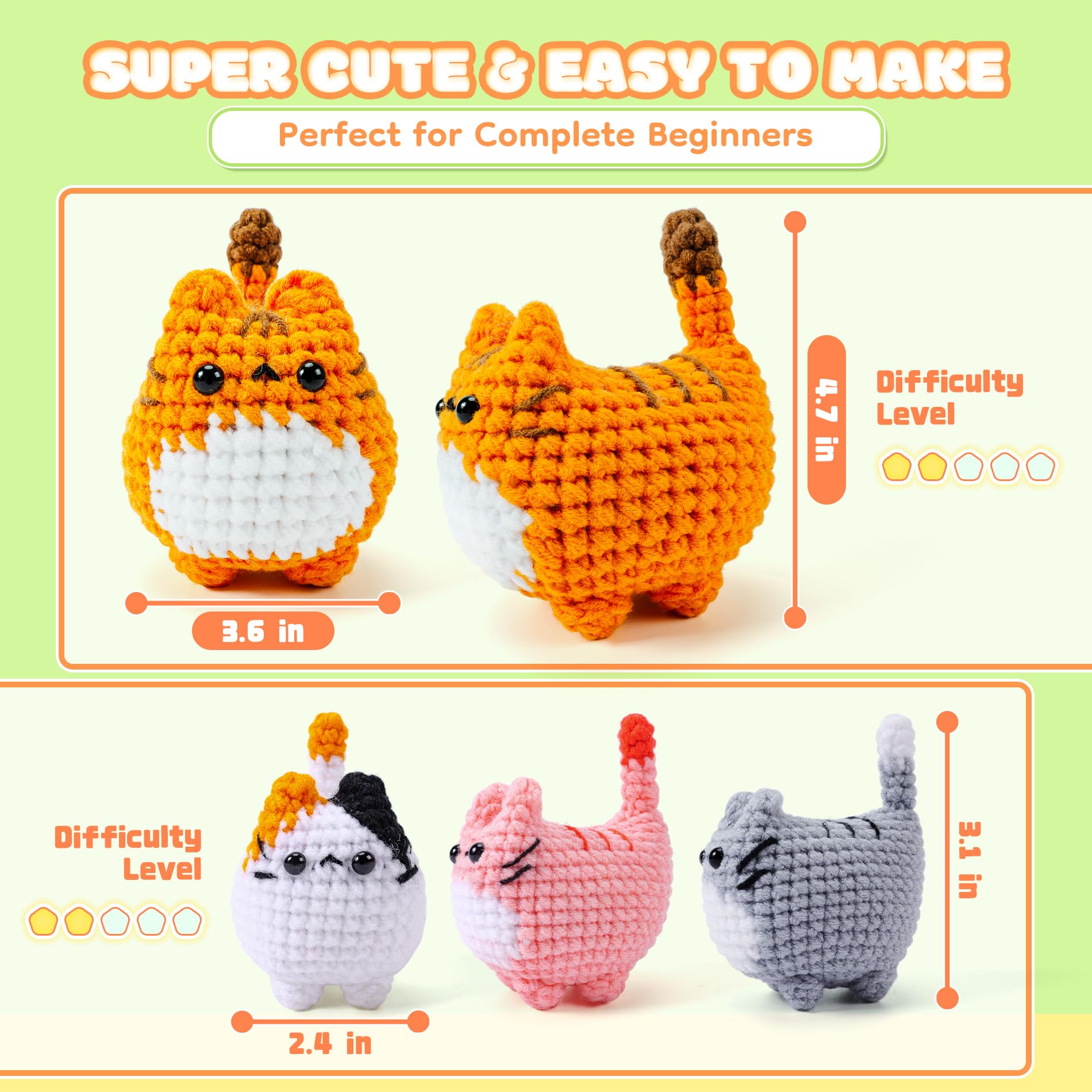 Crochet Kit for Beginners-4PCS Cat Crochet Kits for Adults, Crochet Starter Kit with Step-by-Step Video Tutorials, Crochet Animals Kits DIY Craft Knitting Kit Learn to Crochet Kits for Adults