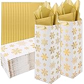 Fairooth 12 PCS Christmas Wine Gift Bags Golden Snowflake Wine Bottle Gift Bag with Tissue Paper Xmas Gold Foil Gifts Bags Bulk with Handles for Xmas Winter Holiday Wedding Home Party Supplies