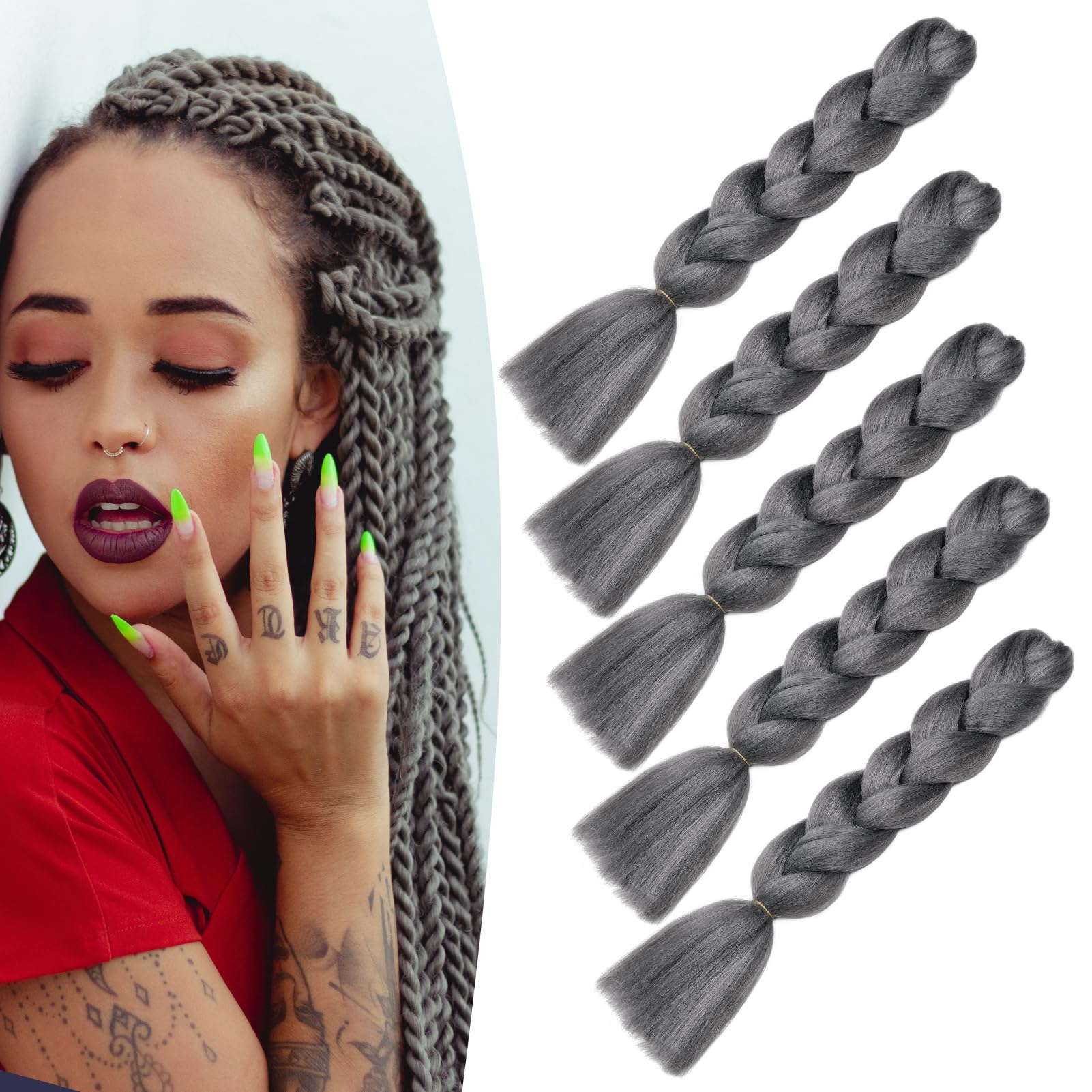Dcbaboo Grey Hair Extensions for Braiding Jumbo Braiding Hair Extension 5packs 24inch Synthetic Hair Kanekalon Ombre Braids Extensions Hair Afro Crochet Twist Box Braids 500g, Dark Grey