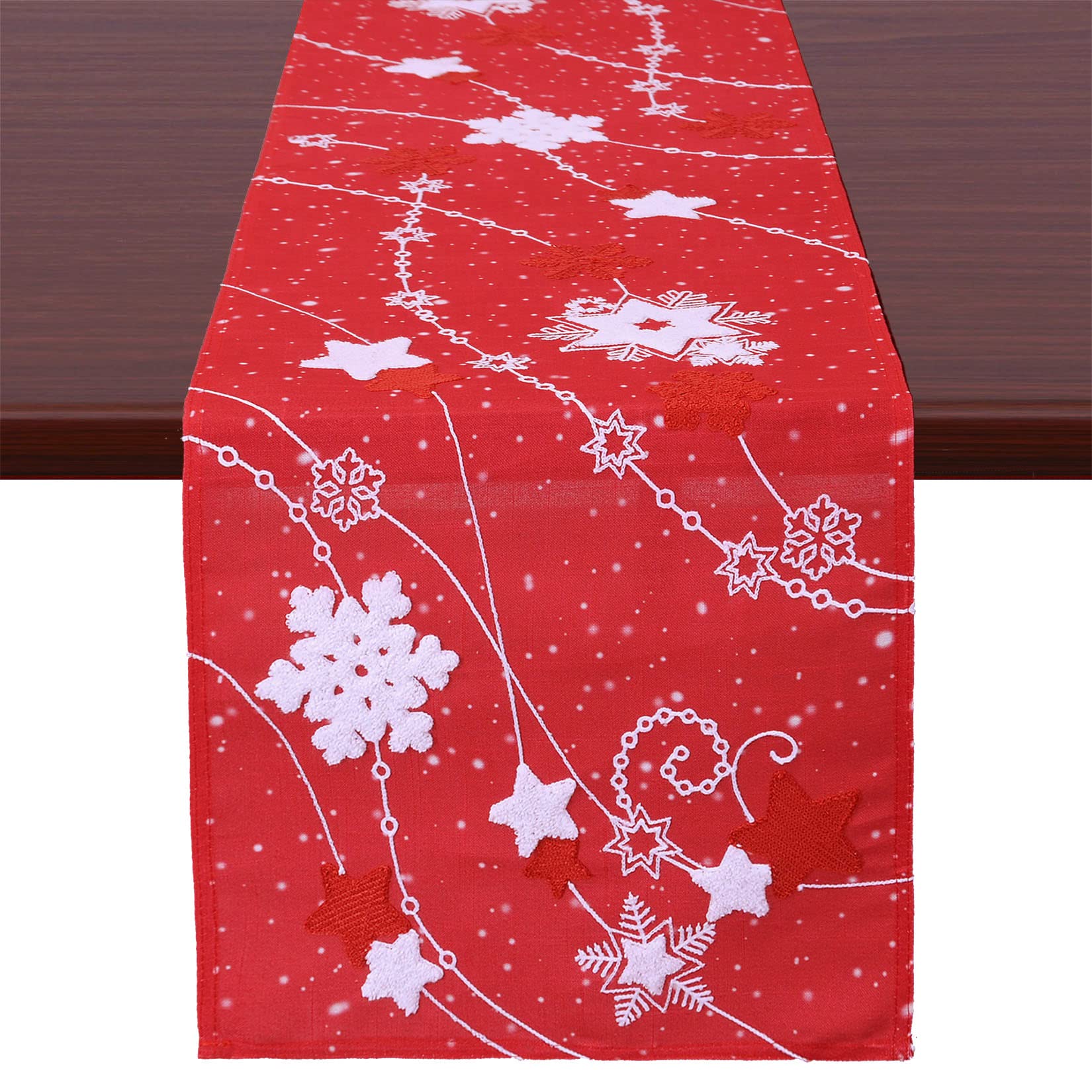 Grelucgo Towel Embroidered Snowflakes Table Runners, Red Christmas Holiday Decors (Red, 14 x 55 Inch)