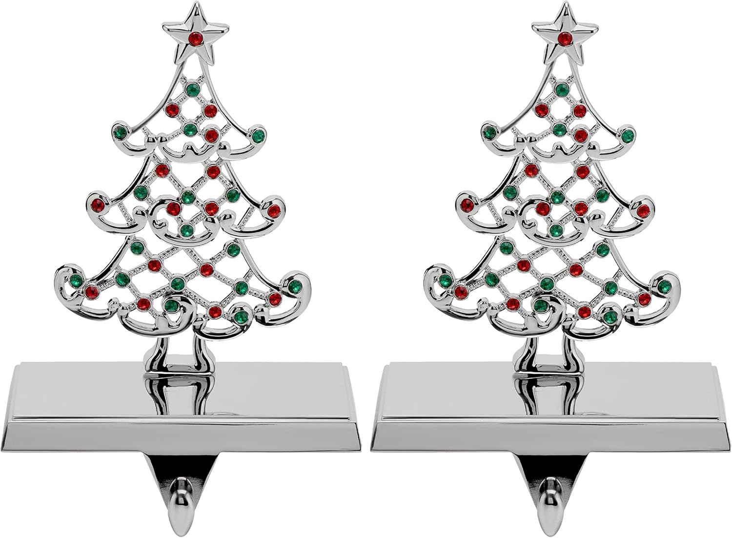 Stockings & Holders - Holiday Jingle Christmas Stocking Holders – 2-Pack Christmas Tree Stocking Holders for Mantle – Metal Tree Stocking Holder Stand with Colored Stones – Durable and Stable Decorative Stand