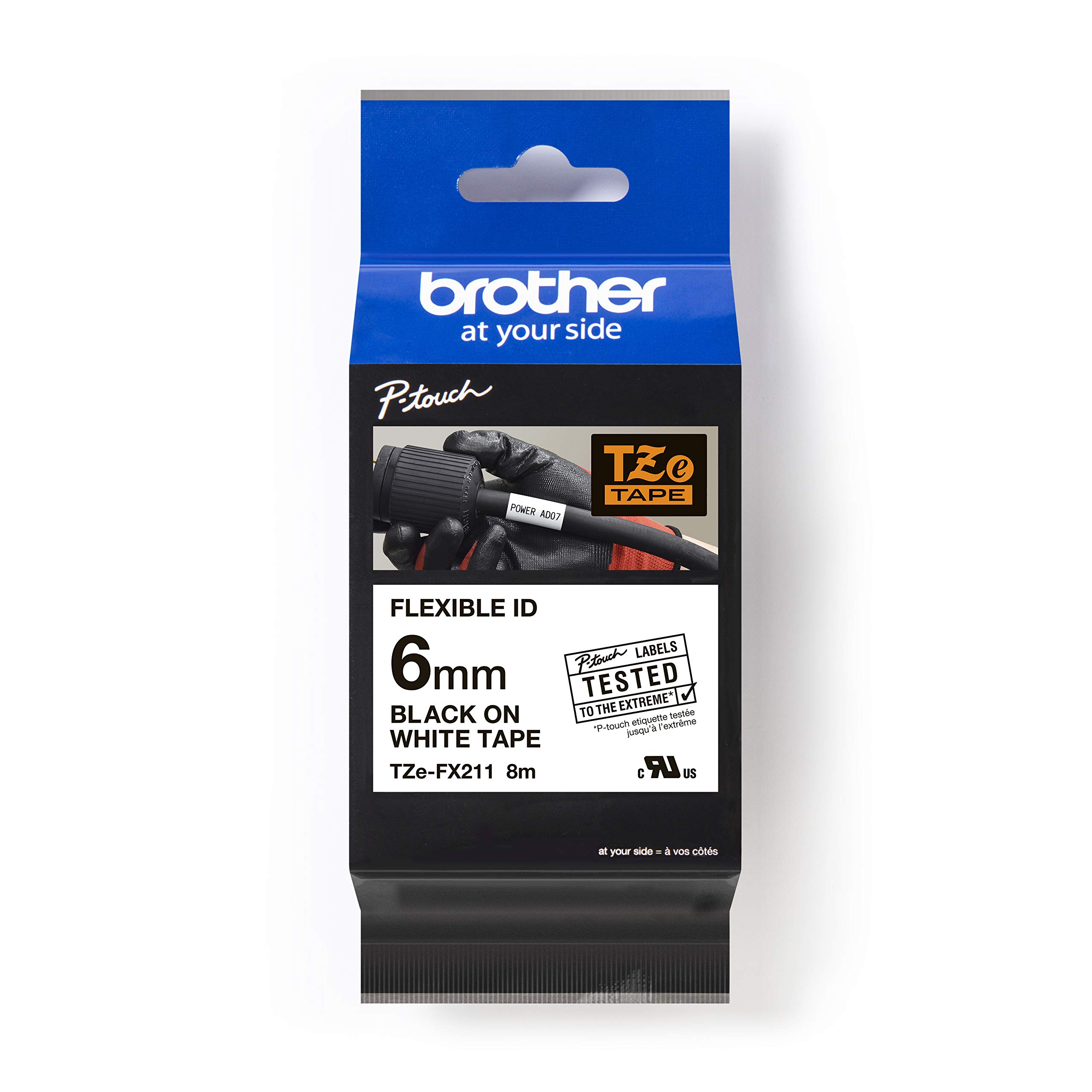 Brother TZe-FX211 Labelling Tape Cassette, Black on White, 6mm (W) x 8M (L), Flexible ID, Brother Genuine Supplies