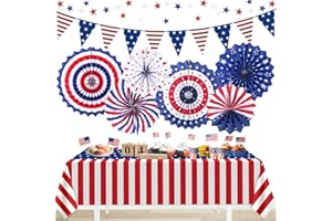 BAINFE 9PCS 4th of July Decorations Red White and Blue Paper Fans, USA Pennant Bunting, Star Streamers, Patriotic Tablecloth for Fourth of July Party Supplies, Memorial Day Veterans Day Patriotic Decor