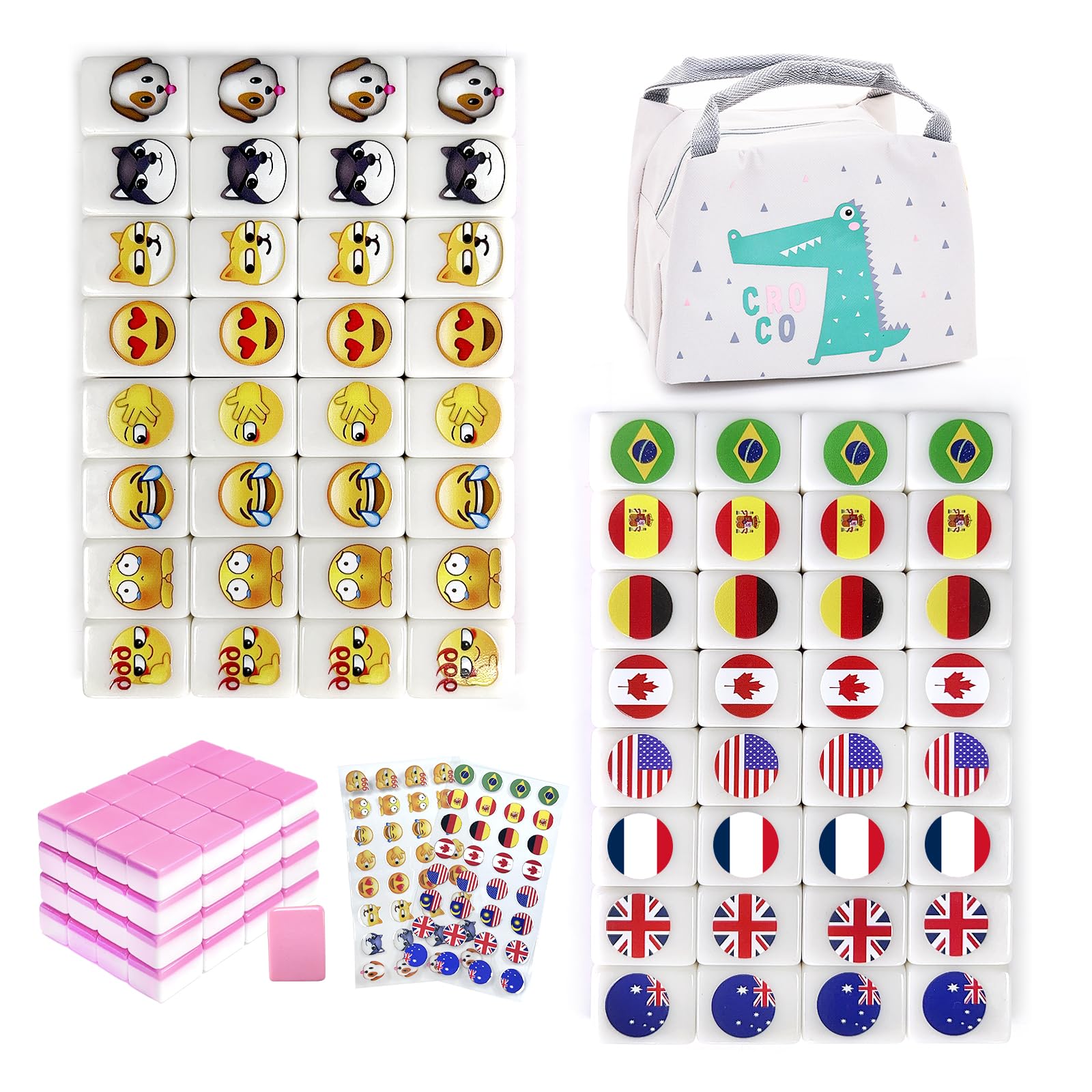 Photo 1 of Seaside Escape Game Blocks? Mahjong Tile Game Sets with 65 Tiles 30mm Flag and Emoji Pattern with Handbag for Spring Picnic Party Gift.