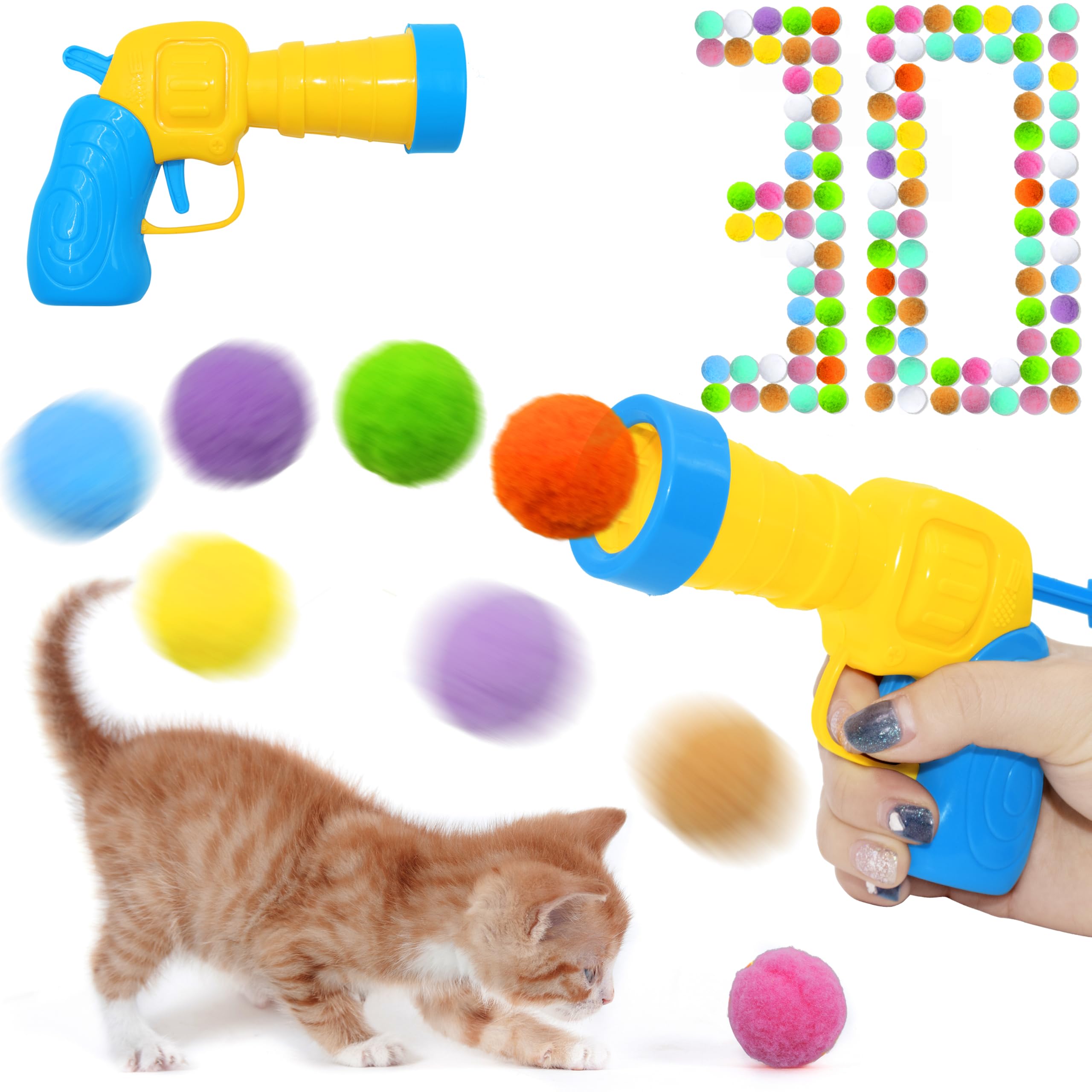 Photo 1 of Seyezo Cat Toy Balls Launcher Set(1 Gun+30 Balls), Cat Enrichment Toys, Interactive Funny Cats Toys Balls, 30Pcs Fluffy Pom Pom Balls Cat Toy Outfit, Plush Ball Launcher for Indoor Exercise, 30 Balls