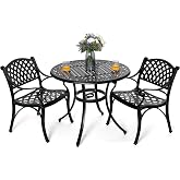 NUU GARDEN 3 Piece Outdoor Bistro Set Cast Aluminum Patio Set Bistro Table Set Rustproof Patio Table and Chairs with Umbrella Hole for Backyard, Balcony, Front Porch, Lawn, Pool, Black