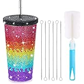 Mimorou Studded Bling Diamond Tumbler Glitter Water Bottle with Lid Stainless Steel Vacuum Thermal Straw Rhinestone Tumbler with 1 Pcs Cup Brush 6 Pcs Straw Brushes for Women(rainbow Color,16.9 Oz)