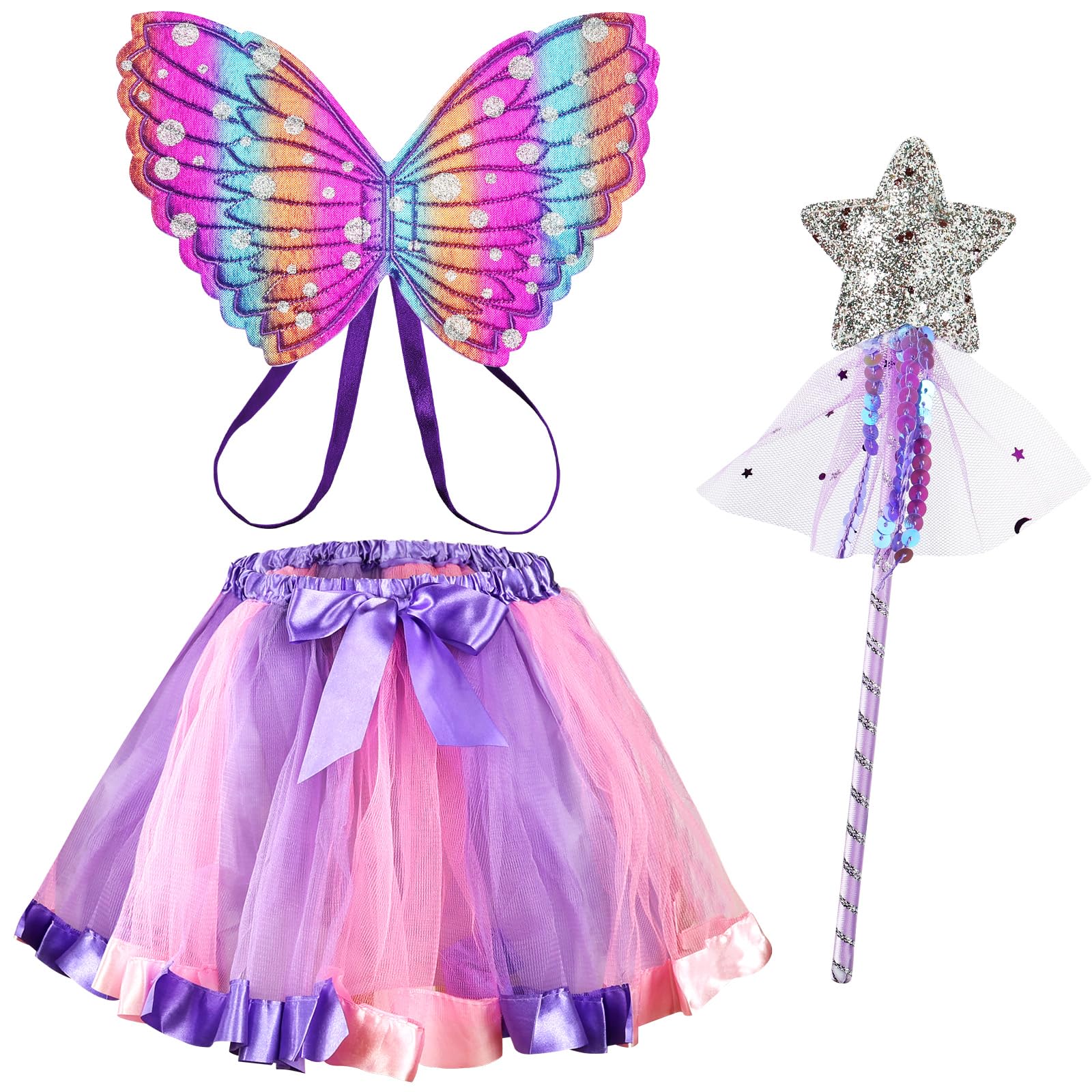 AUYAO 3Pcs Kids Butterfly Wings Costume Set, Fancy Dress Up Butterfly Wings Cape Kids, Princess Fairy Costume Fairy Butterfly Wings Set with Tutu Skirt, Girls Butterfly Dress up for Halloween(Purple)